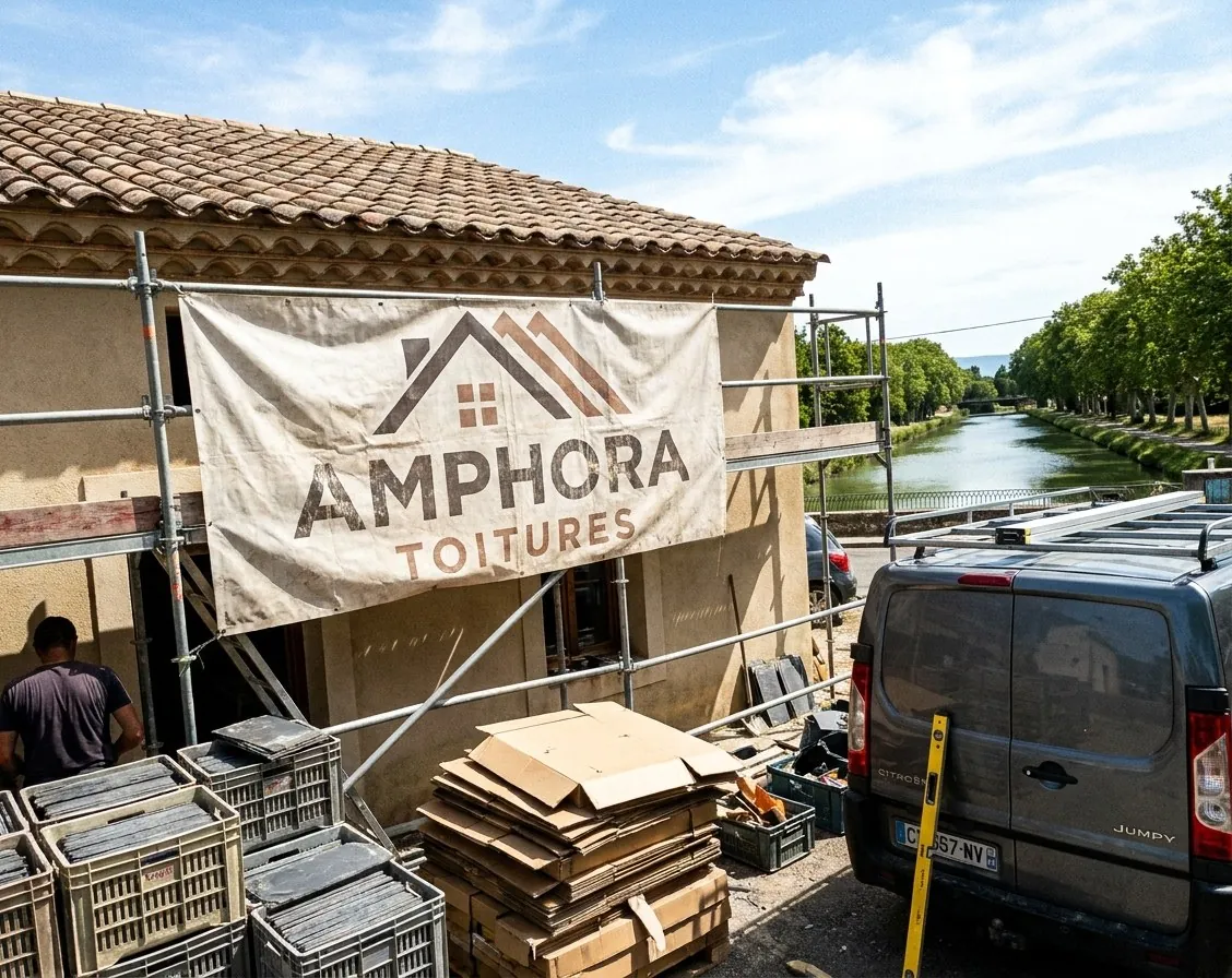Maison en cours de rénovation de toiture à Sallèles-d’Aude : échafaudage, bâche Amphora Toitures et canal bordé de platanes